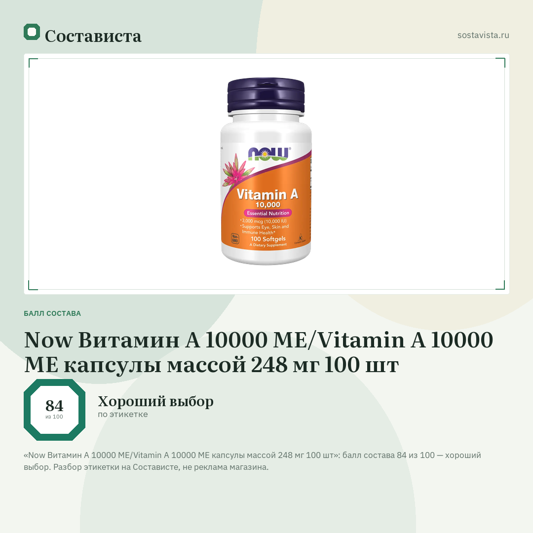 Now Витамин А 10000 ME/Vitamin А 10000 ME капсулы массой 248 мг 100 шт: балл состава 84 из 100 — Состависта