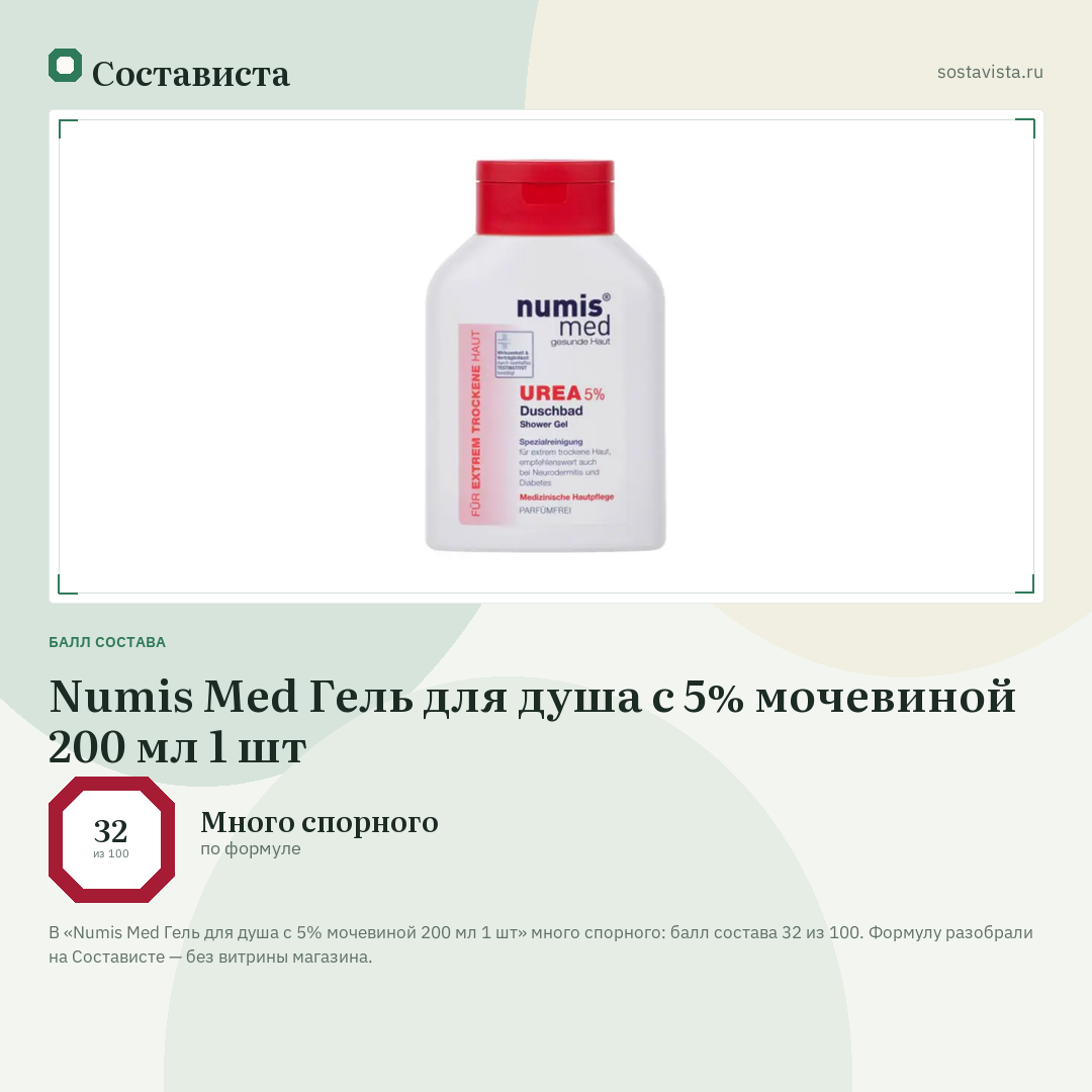 Numis Med Гель для душа с 5% мочевиной 200 мл 1 шт: балл состава 32 из 100 — Состависта