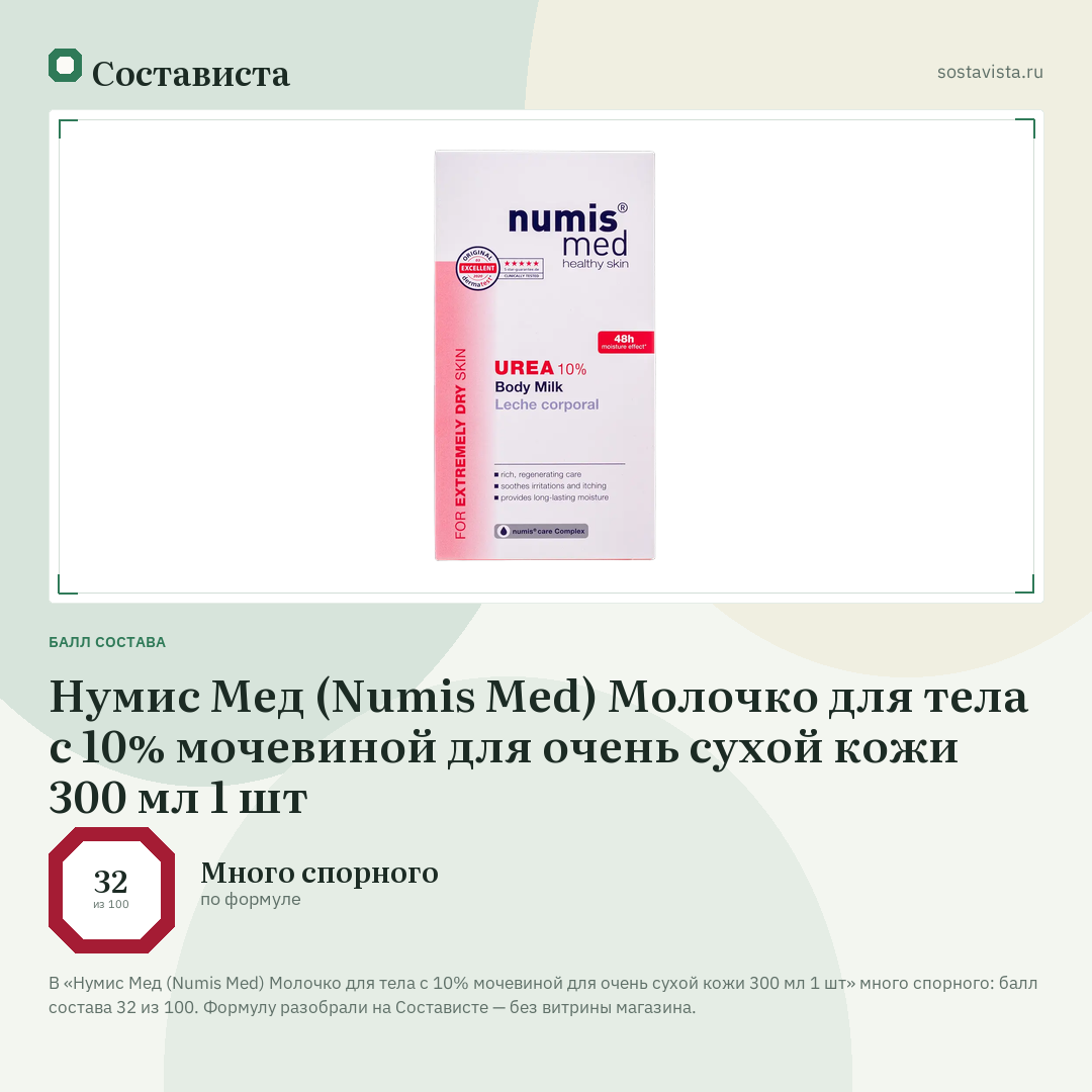 Нумис Мед (Numis Med) Молочко для тела с 10% мочевиной для очень сухой кожи 300 мл 1 шт: балл состава 32 из 100 — Состависта