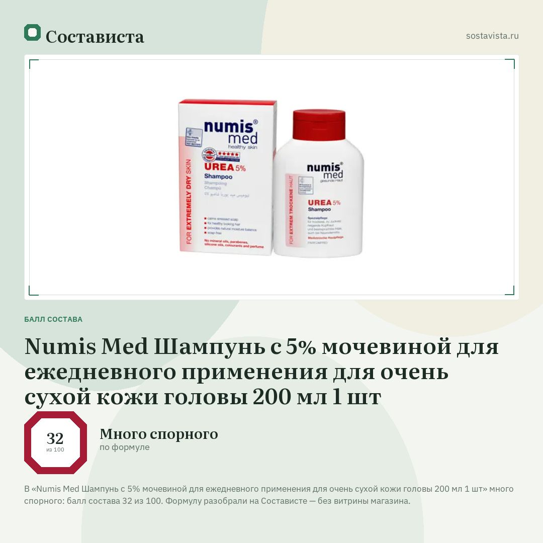 Numis Med Шампунь с 5% мочевиной для ежедневного применения для очень сухой кожи головы 200 мл 1 шт: балл состава 32 из 100 — Состависта