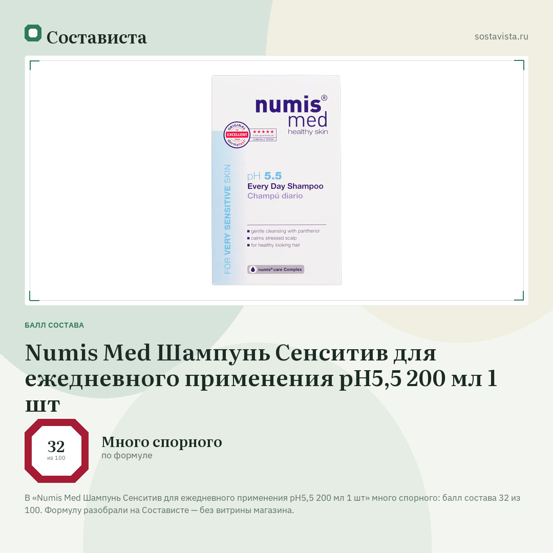Numis Med Шампунь Сенситив для ежедневного применения рH5,5 200 мл 1 шт: балл состава 32 из 100 — Состависта