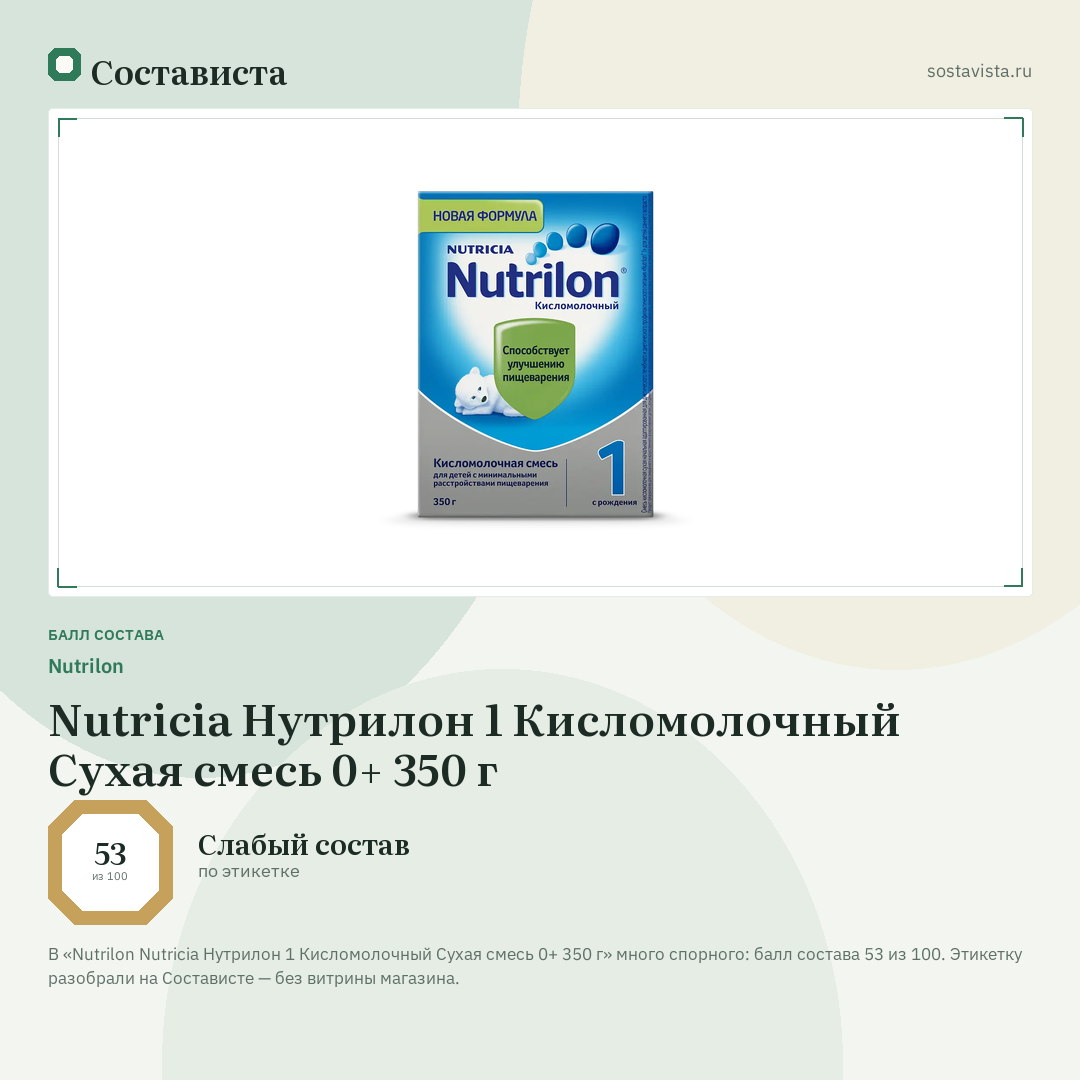 Nutrilon Nutricia Нутрилон 1 Кисломолочный Сухая смесь 0+ 350 г: балл состава 53 из 100 — Состависта