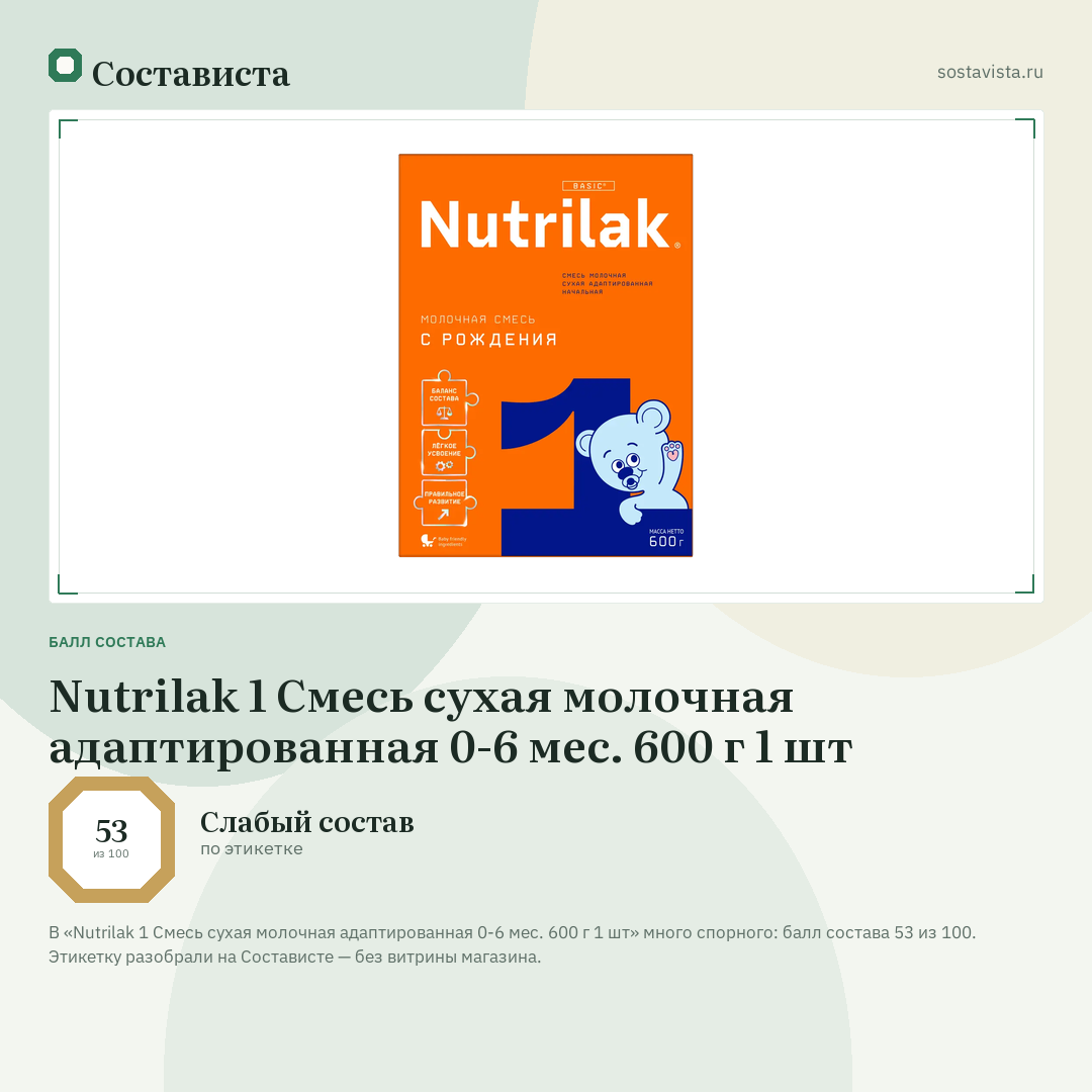 Nutrilak 1 Смесь сухая молочная адаптированная 0-6 мес. 600 г 1 шт: балл состава 53 из 100 — Состависта