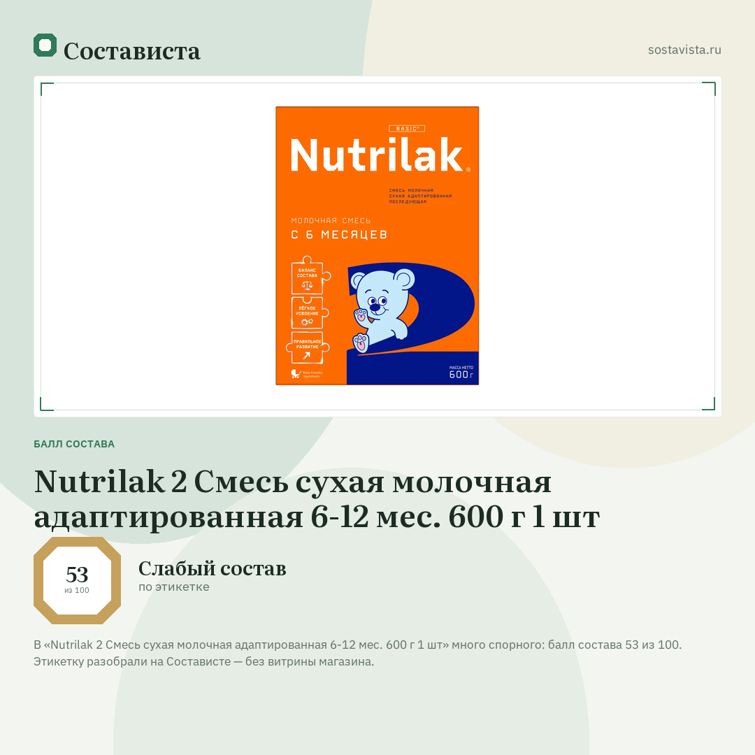 Nutrilak 2 Смесь сухая молочная адаптированная 6-12 мес. 600 г 1 шт: балл состава 53 из 100 — Состависта