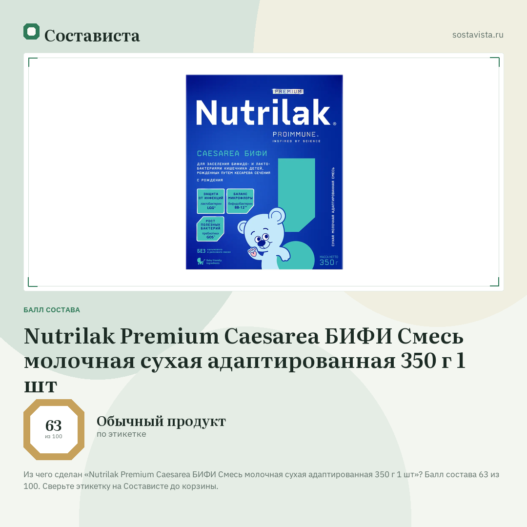 Nutrilak Premium Caesarea БИФИ Смесь молочная сухая адаптированная 350 г 1 шт: балл состава 63 из 100 — Состависта