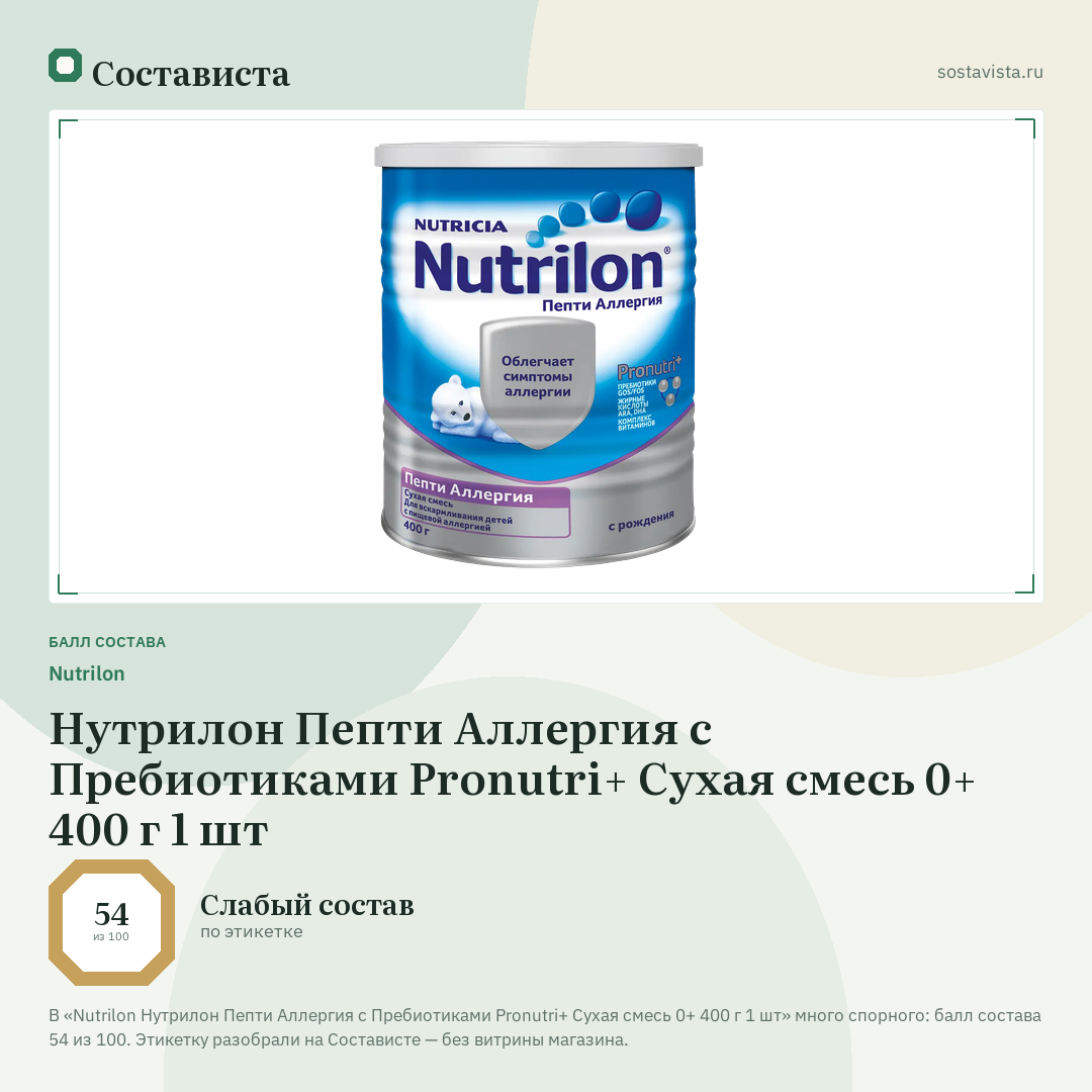 Nutrilon Нутрилон Пепти Аллергия с Пребиотиками Pronutri+ Сухая смесь 0+ 400 г 1 шт: балл состава 54 из 100 — Состависта