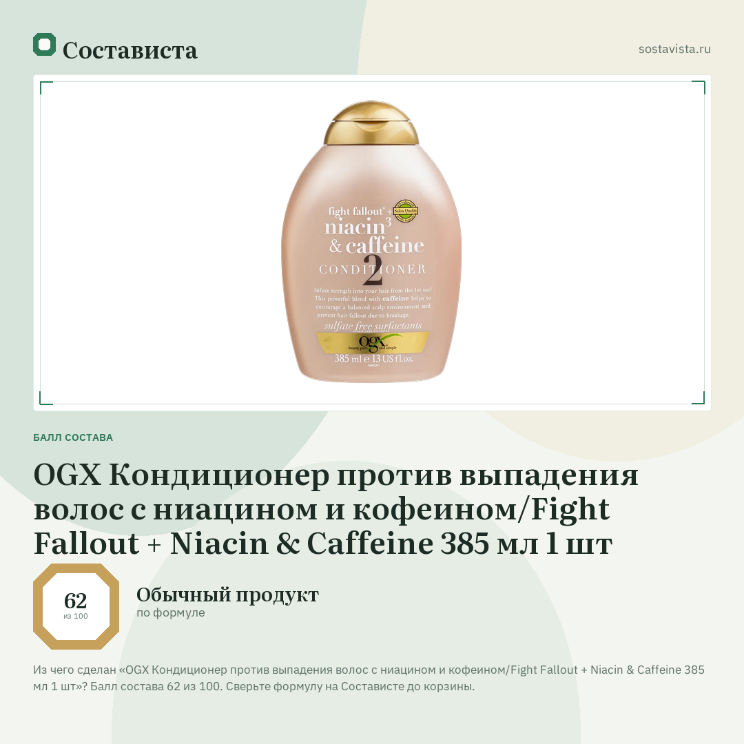 OGX Кондиционер против выпадения волос с ниацином и кофеином/Fight Fallout + Niacin & Caffeine 385 мл 1 шт: балл состава 62 из 100 — Состависта