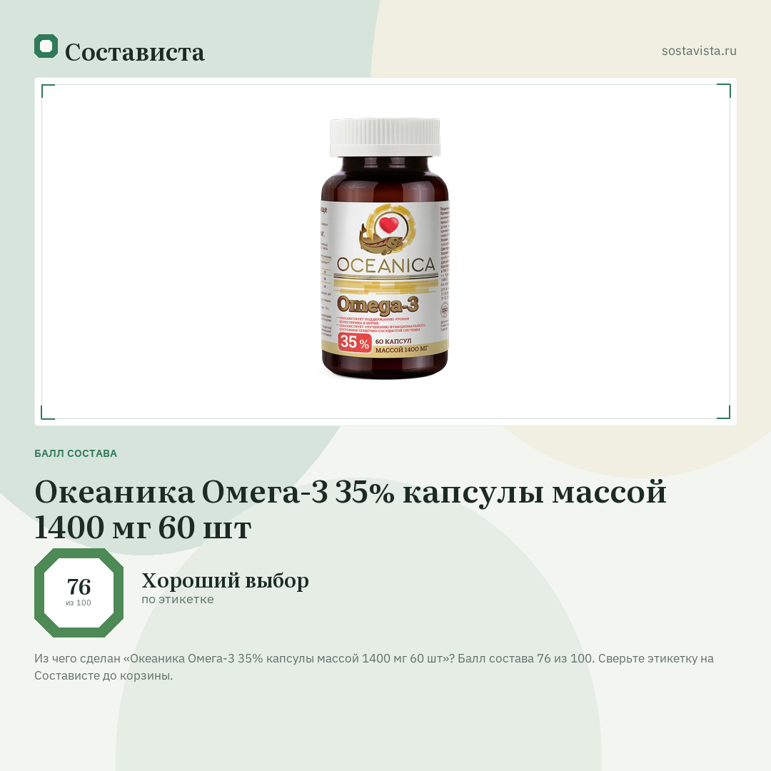 Океаника Омега-3 35% капсулы массой 1400 мг 60 шт: балл состава 76 из 100 — Состависта