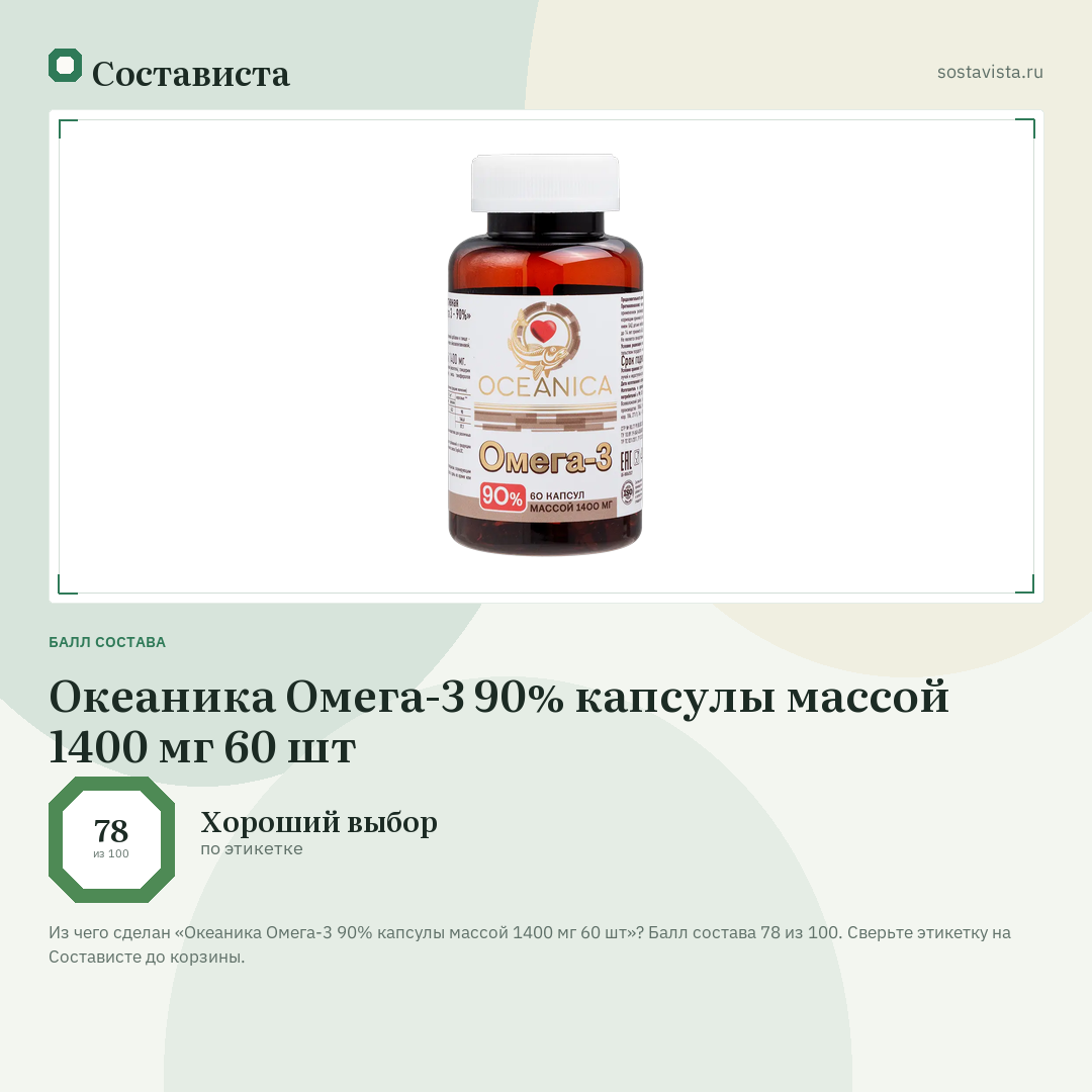 Океаника Омега-3 90% капсулы массой 1400 мг 60 шт: балл состава 78 из 100 — Состависта