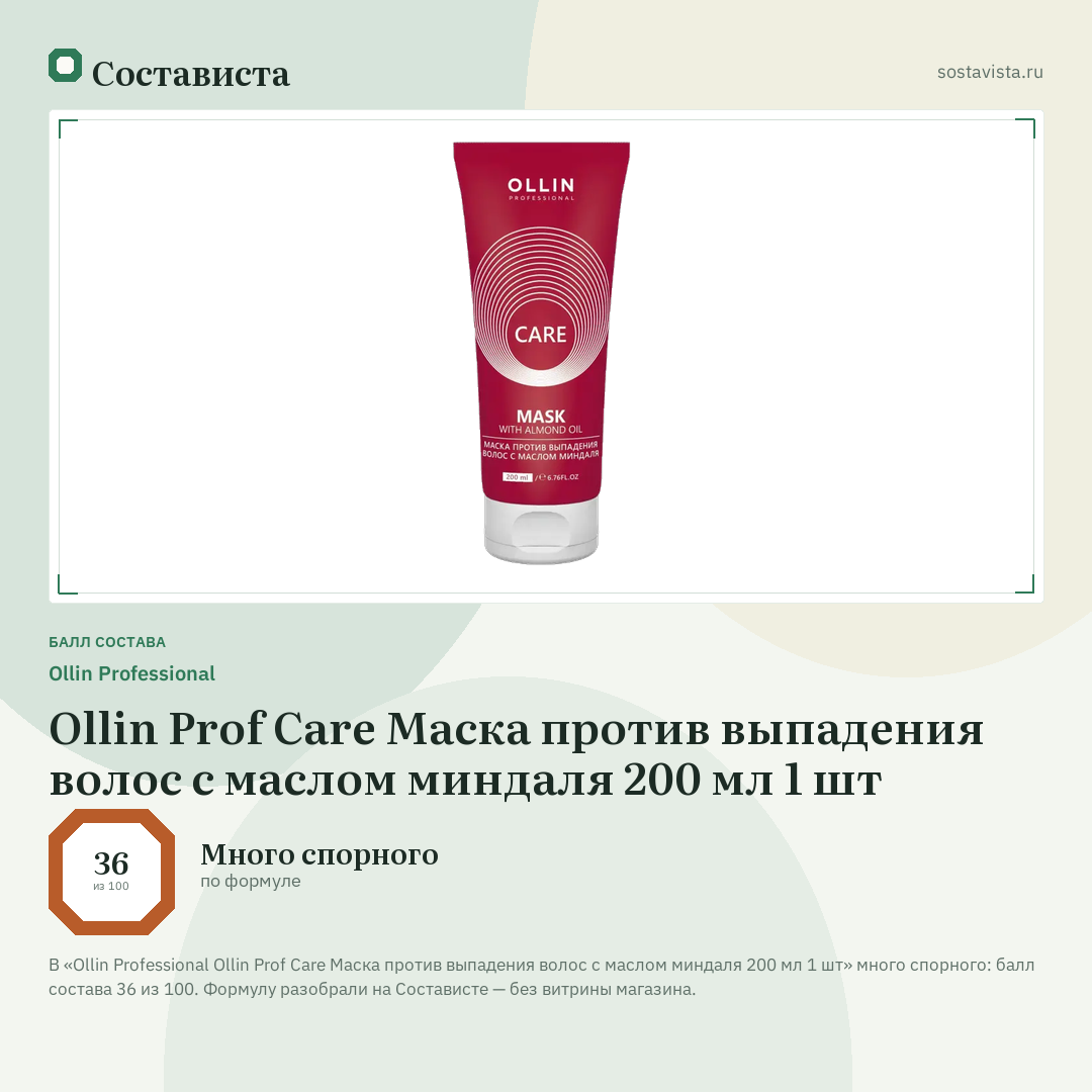 Ollin Professional Ollin Prof Care Маска против выпадения волос с маслом миндаля 200 мл 1 шт: балл состава 36 из 100 — Состависта