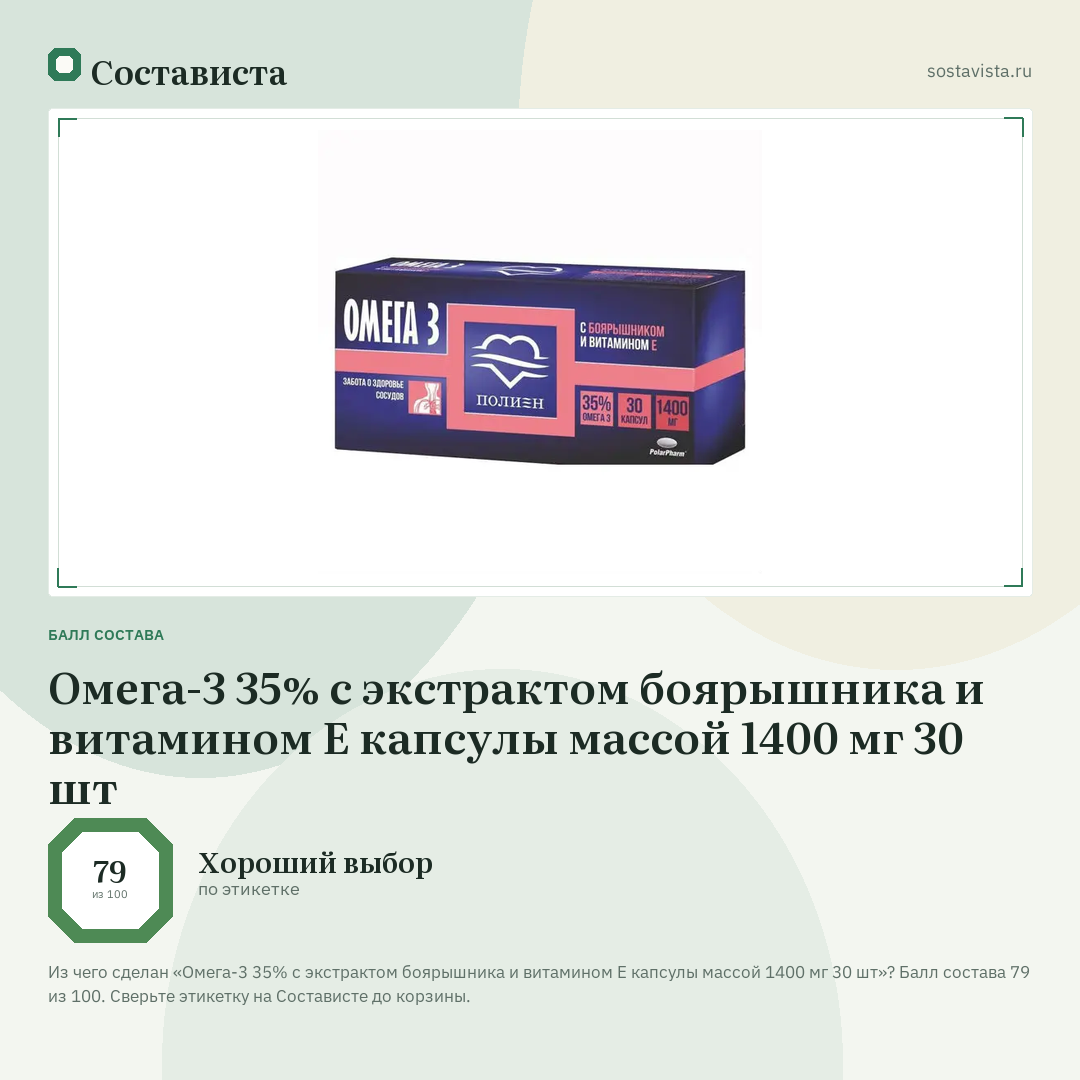 Омега-3 35% с экстрактом боярышника и витамином Е капсулы массой 1400 мг 30 шт: балл состава 79 из 100 — Состависта