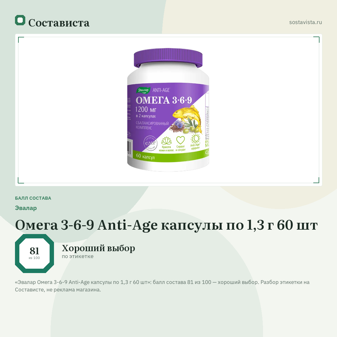Эвалар Омега 3-6-9 Anti-Age капсулы по 1,3 г 60 шт: балл состава 81 из 100 — Состависта