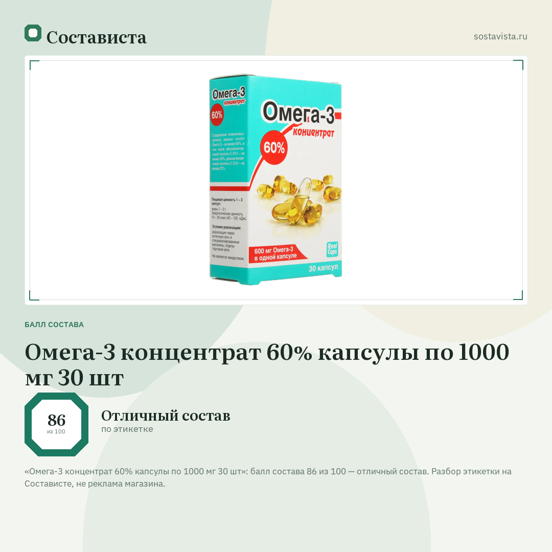 Омега-3 концентрат 60% капсулы по 1000 мг 30 шт: балл состава 86 из 100 — Состависта