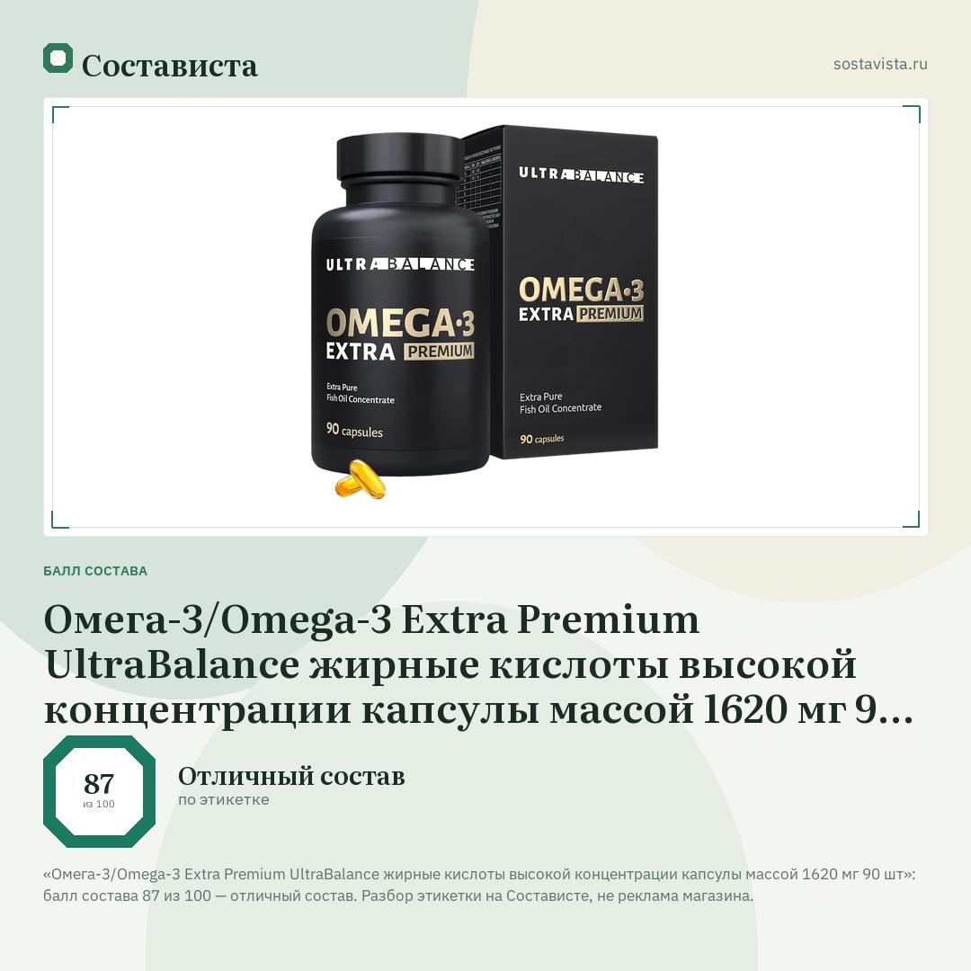 Омега-3/Omega-3 Extra Premium UltraBalance жирные кислоты высокой концентрации капсулы массой 1620 мг 90 шт: балл состава 87 из 100 — Состависта