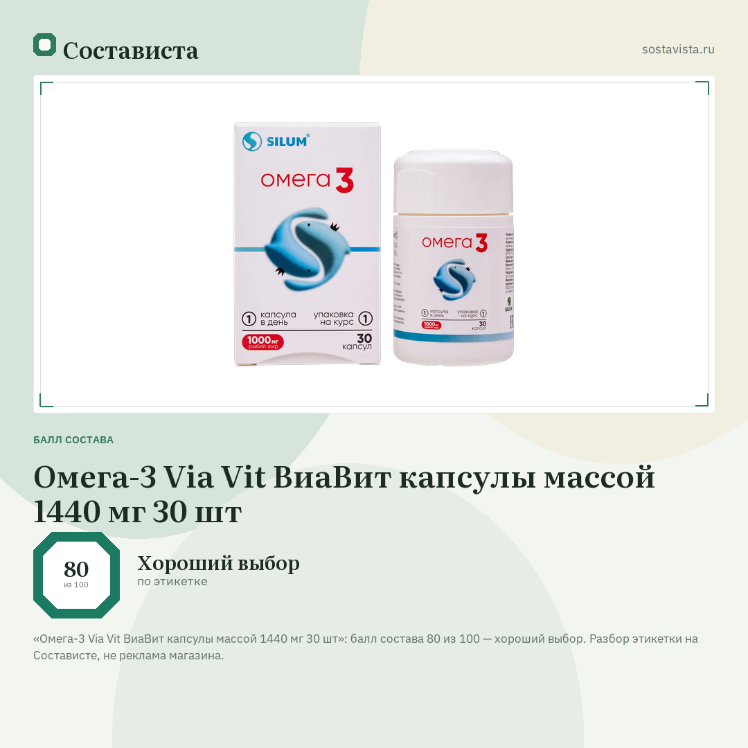 Омега-3 Via Vit ВиаВит капсулы массой 1440 мг 30 шт: балл состава 80 из 100 — Состависта