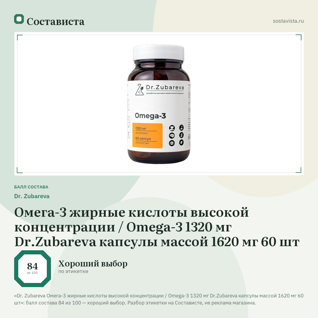 Dr. Zubareva Омега-3 жирные кислоты высокой концентрации / Omega-3 1320 мг Dr.Zubareva капсулы массой 1620 мг 60 шт: балл состава 84 из 100 — Состависта