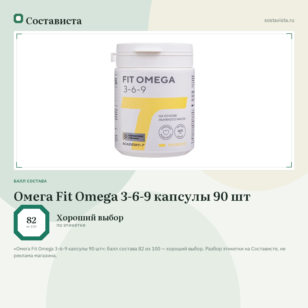 Омега Fit Omega 3-6-9 капсулы 90 шт: балл состава 82 из 100 — Состависта