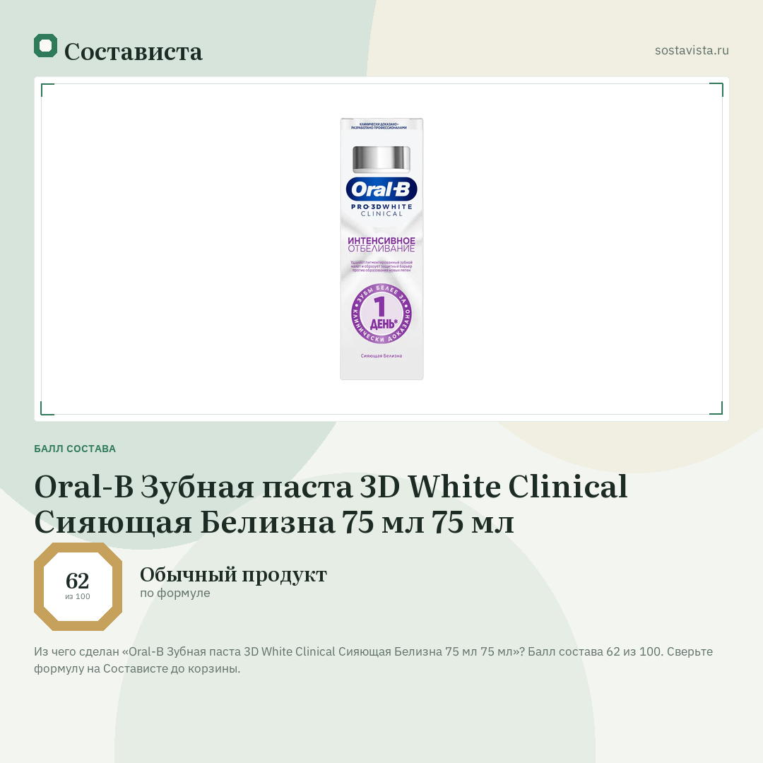 Oral-B Зубная паста 3D White Clinical Сияющая Белизна 75 мл 75 мл: балл состава 62 из 100 — Состависта
