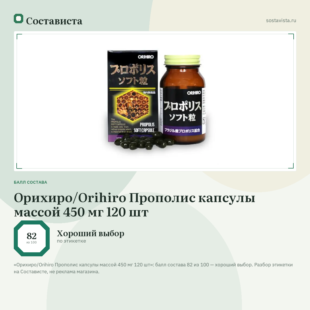 Орихиро/Orihiro Прополис капсулы массой 450 мг 120 шт: балл состава 82 из 100 — Состависта