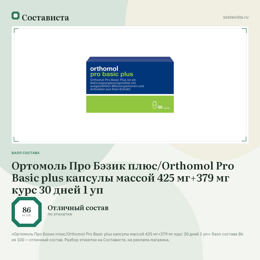 Ортомоль Про Бэзик плюс/Orthomol Pro Basic plus капсулы массой 425 мг+379 мг курс 30 дней 1 уп: балл состава 86 из 100 — Состависта