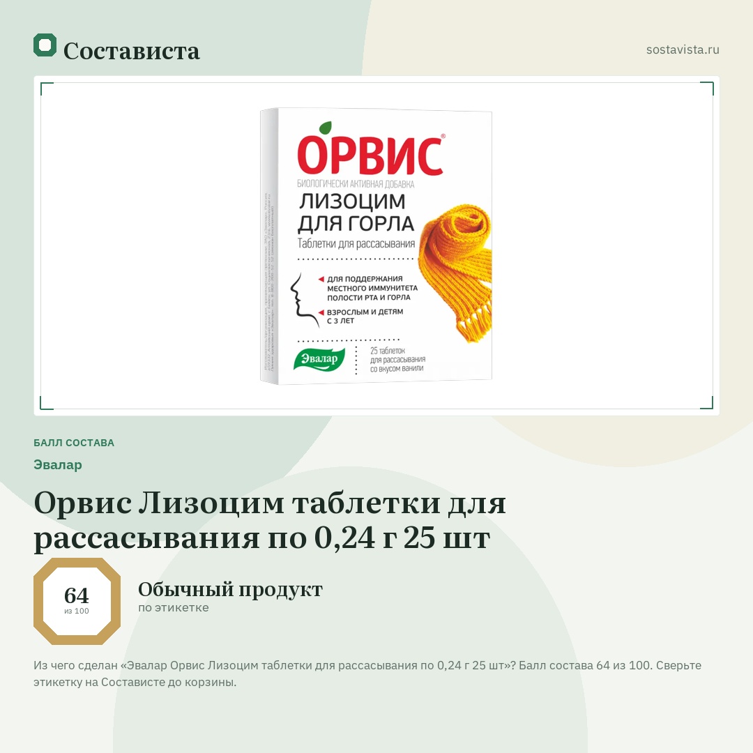 Эвалар Орвис Лизоцим таблетки для рассасывания по 0,24 г 25 шт: балл состава 64 из 100 — Состависта