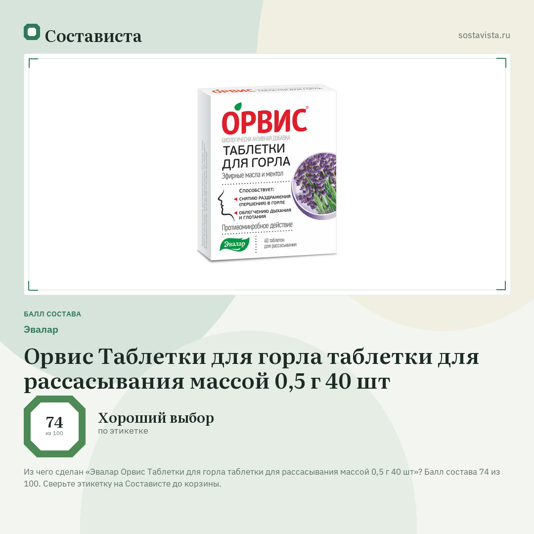 Эвалар Орвис Таблетки для горла таблетки для рассасывания массой 0,5 г 40 шт: балл состава 74 из 100 — Состависта
