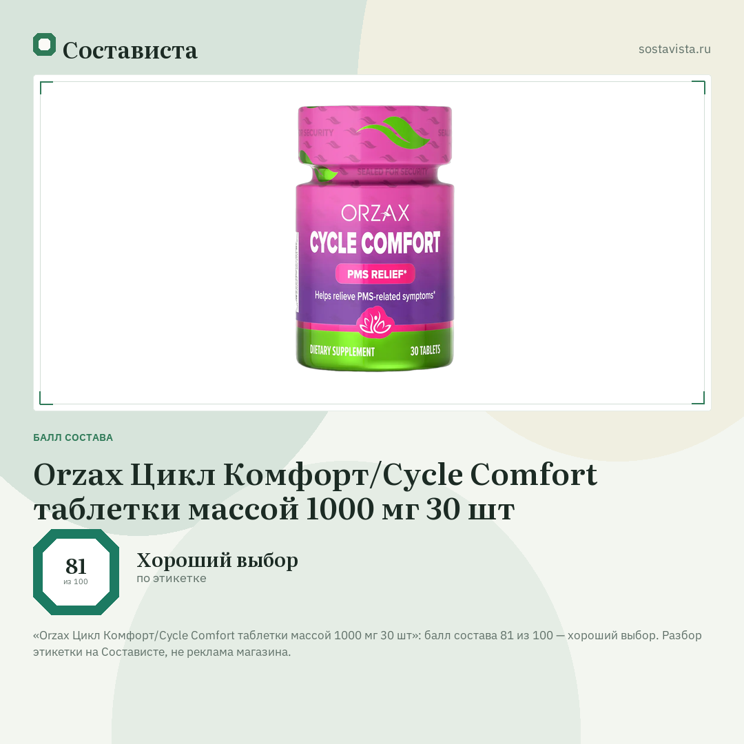 Orzax Цикл Комфорт/Cycle Comfort таблетки массой 1000 мг 30 шт: балл состава 81 из 100 — Состависта