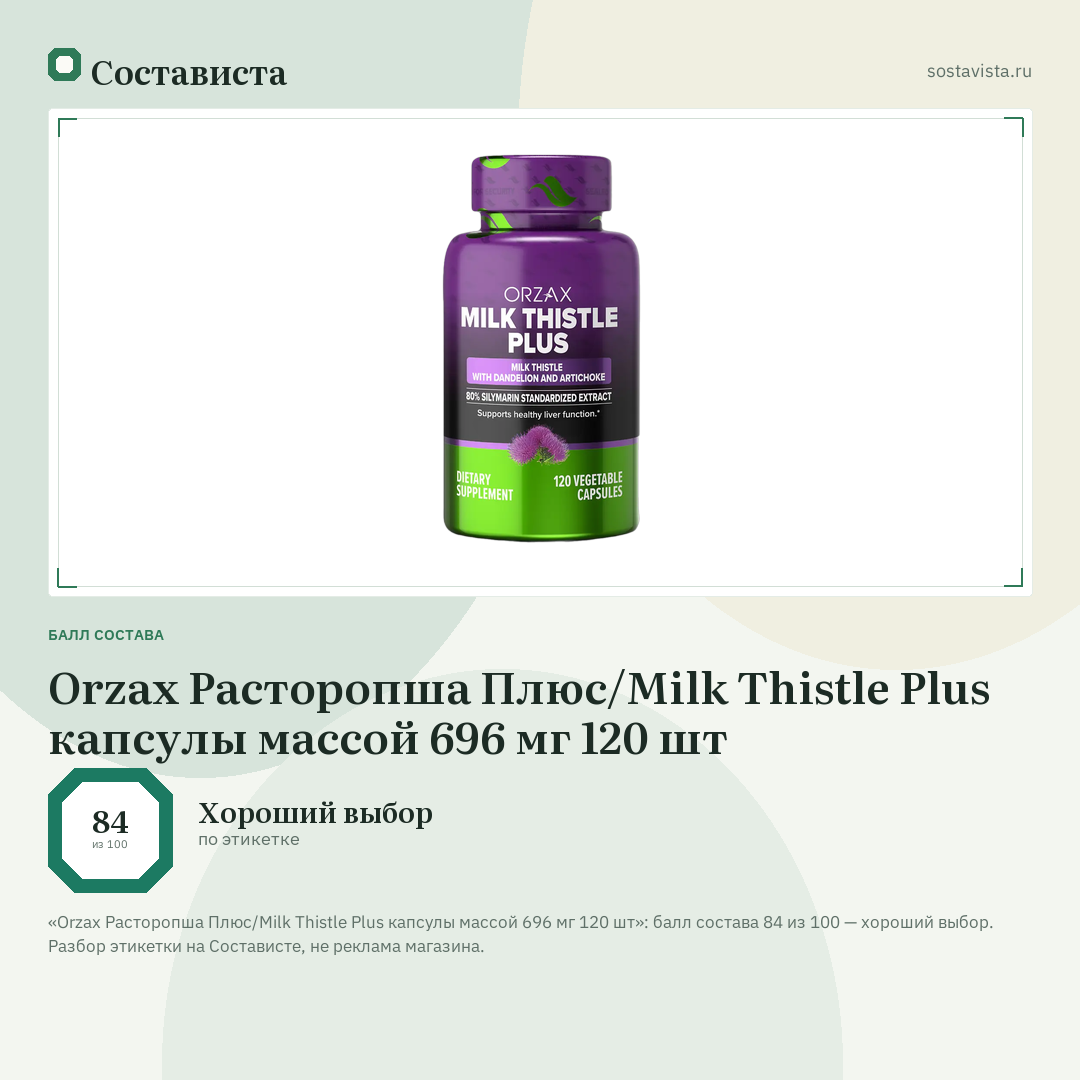 Orzax Расторопша Плюс/Milk Thistle Plus капсулы массой 696 мг 120 шт: балл состава 84 из 100 — Состависта