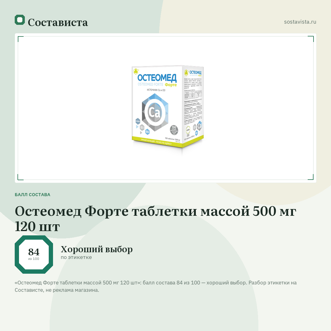 Остеомед Форте таблетки массой 500 мг 120 шт: балл состава 84 из 100 — Состависта
