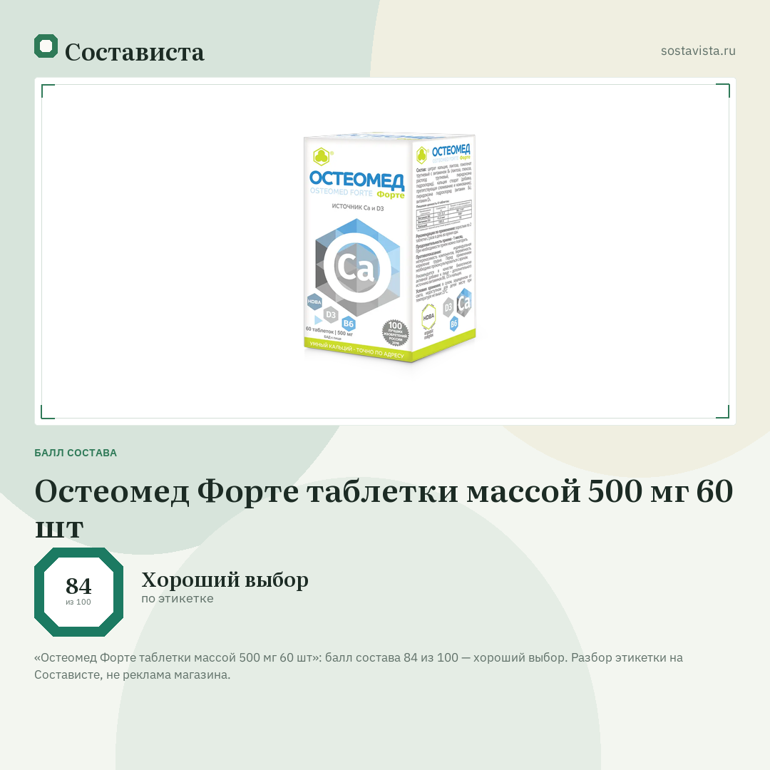 Остеомед Форте таблетки массой 500 мг 60 шт: балл состава 84 из 100 — Состависта