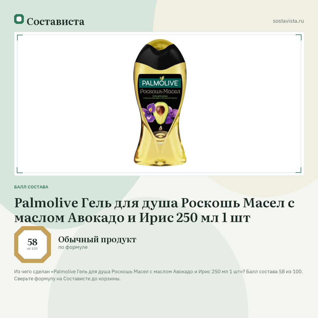 Palmolive Гель для душа Роскошь Масел с маслом Авокадо и Ирис 250 мл 1 шт: балл состава 58 из 100 — Состависта