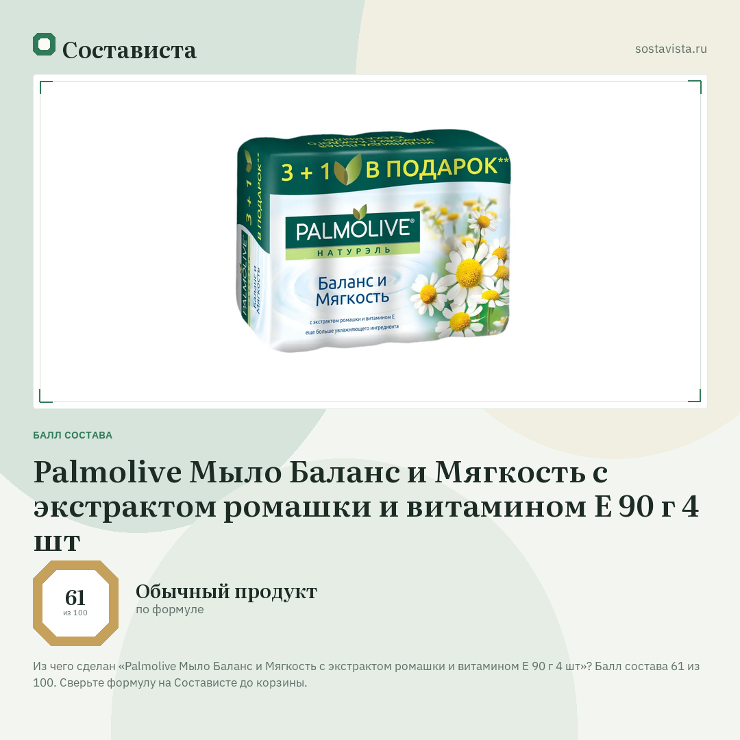Palmolive Мыло Баланс и Мягкость с экстрактом ромашки и витамином Е 90 г 4 шт: балл состава 61 из 100 — Состависта