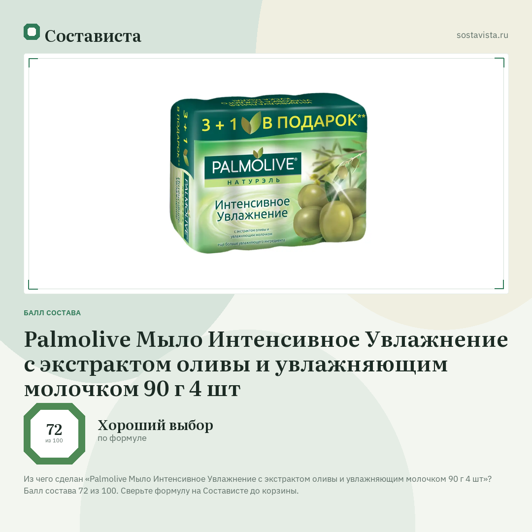 Palmolive Мыло Интенсивное Увлажнение с экстрактом оливы и увлажняющим молочком 90 г 4 шт: балл состава 72 из 100 — Состависта