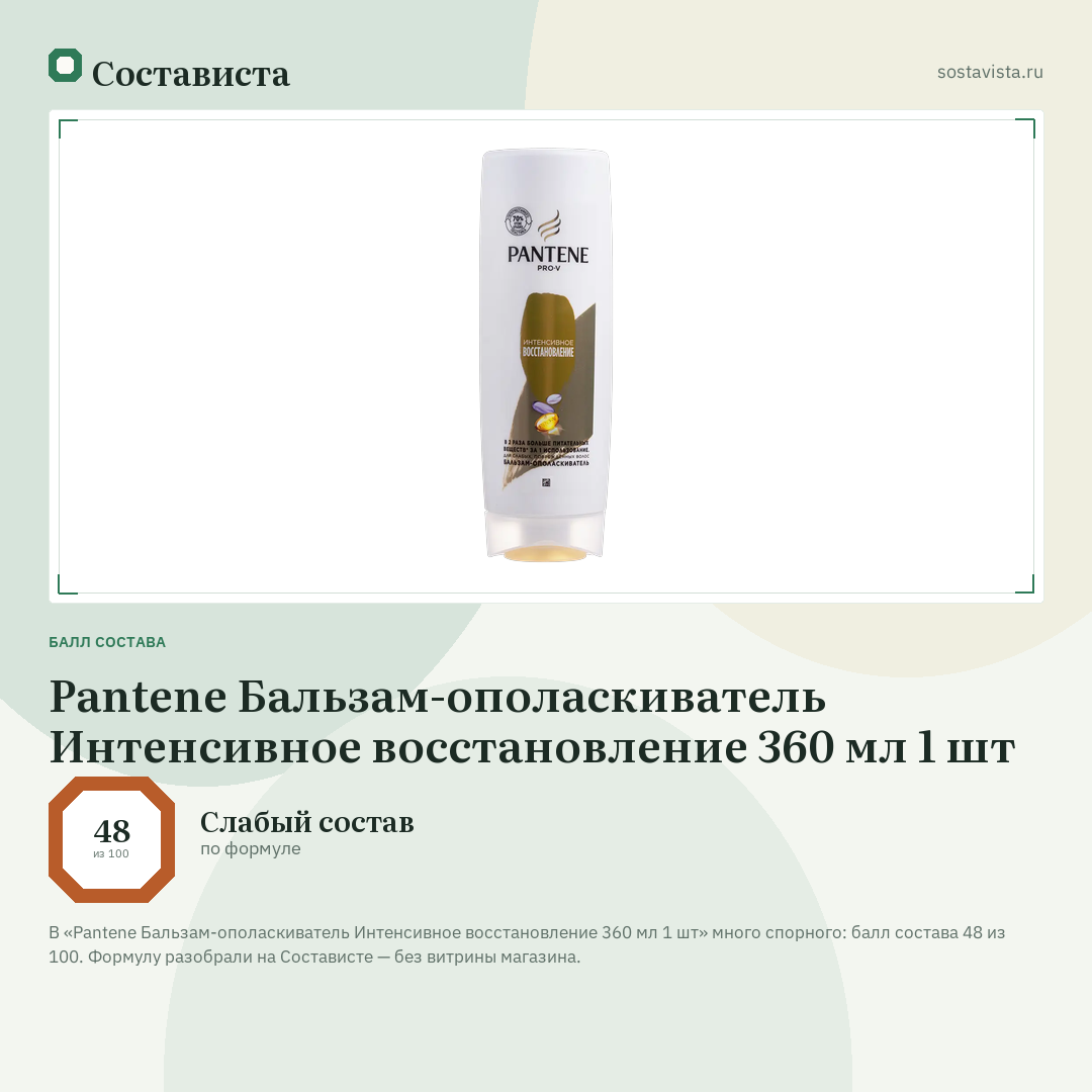 Pantene Бальзам-ополаскиватель Интенсивное восстановление 360 мл 1 шт: балл состава 48 из 100 — Состависта