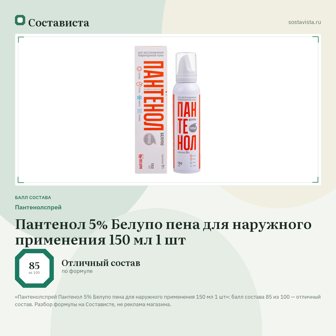 Пантенолспрей Пантенол 5% Белупо пена для наружного применения 150 мл 1 шт: балл состава 85 из 100 — Состависта