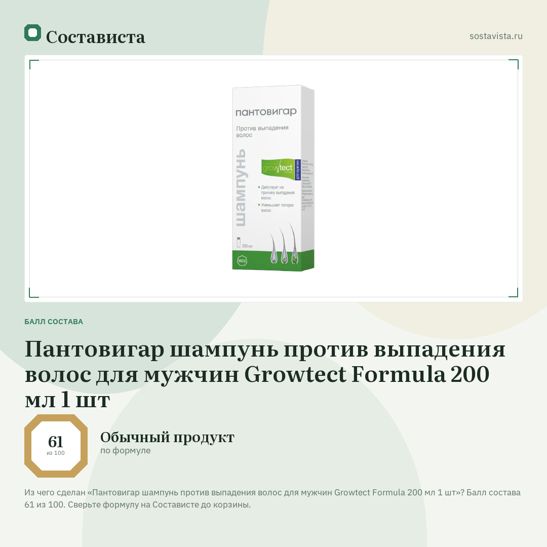 Пантовигар шампунь против выпадения волос для мужчин Growtect Formula 200 мл 1 шт: балл состава 61 из 100 — Состависта
