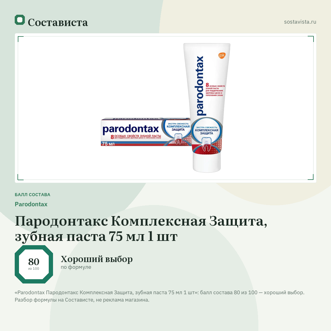 Parodontax Пародонтакс Комплексная Защита, зубная паста 75 мл 1 шт: балл состава 80 из 100 — Состависта