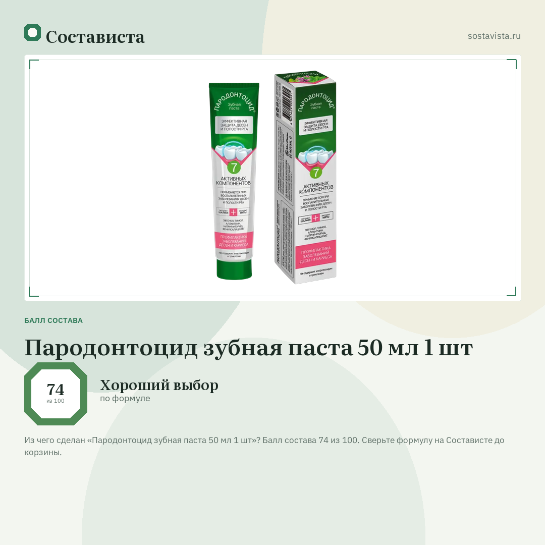 Пародонтоцид зубная паста 50 мл 1 шт: балл состава 74 из 100 — Состависта