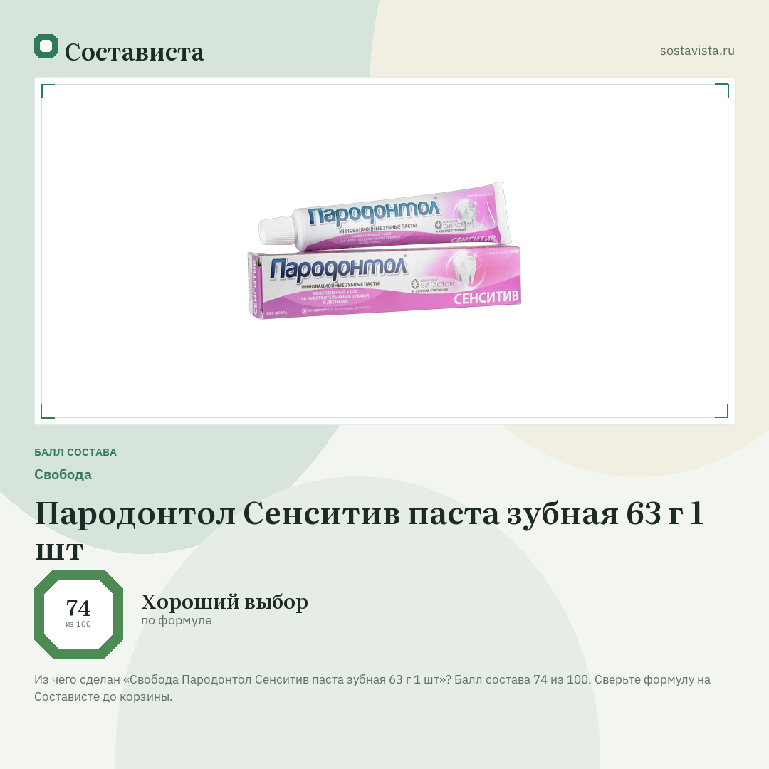 Свобода Пародонтол Сенситив паста зубная 63 г 1 шт: балл состава 74 из 100 — Состависта