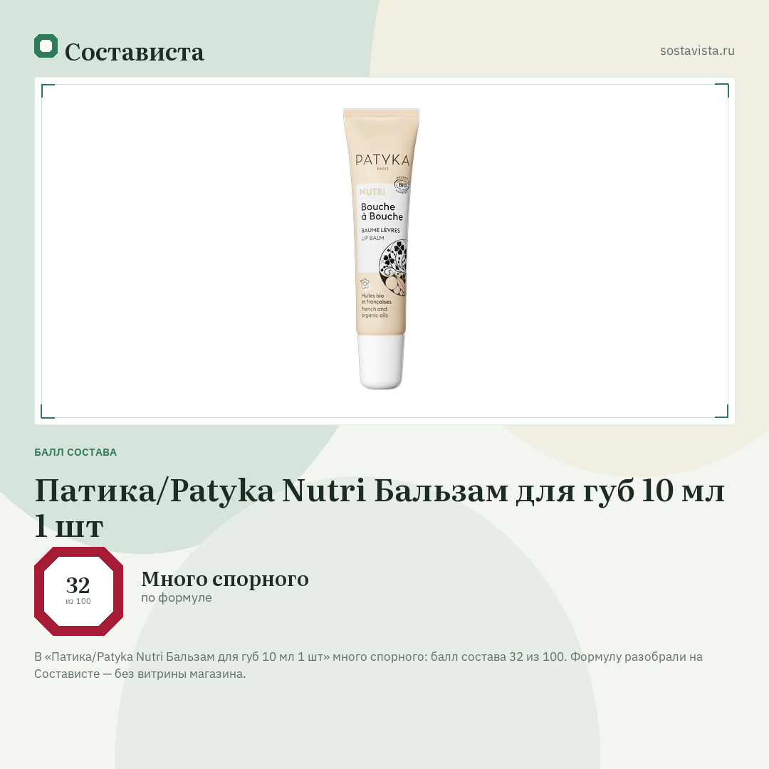 Патика/Patyka Nutri Бальзам для губ 10 мл 1 шт: балл состава 32 из 100 — Состависта