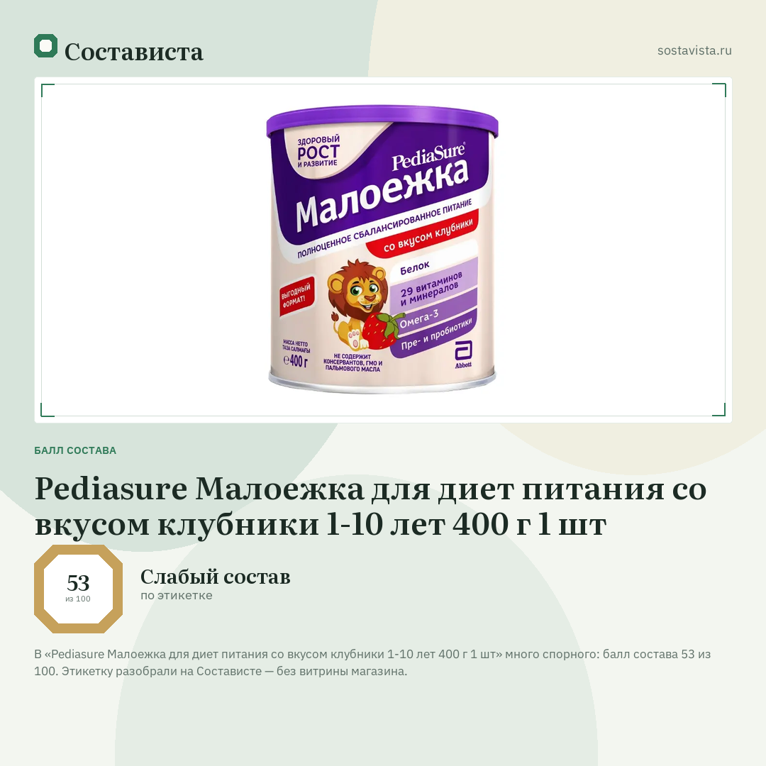 Pediasure Малоежка для диет питания со вкусом клубники 1-10 лет 400 г 1 шт: балл состава 53 из 100 — Состависта