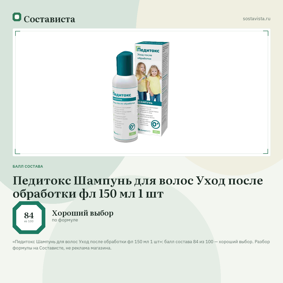 Педитокс Шампунь для волос Уход после обработки фл 150 мл 1 шт: балл состава 84 из 100 — Состависта