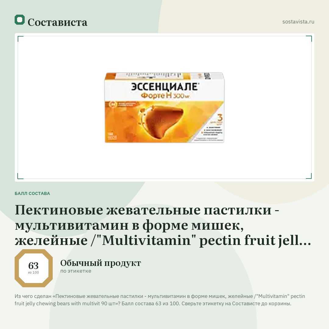 Пектиновые жевательные пастилки - мультивитамин в форме мишек, желейные /"Multivitamin" pectin fruit jelly chewing bears with multivit 90 шт: балл состава 63 из 100 — Состависта