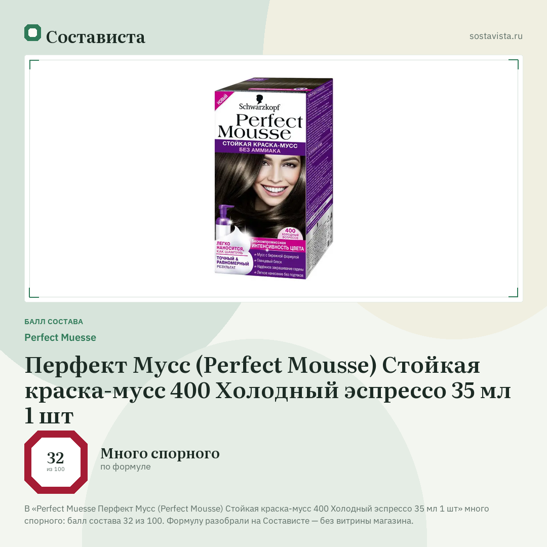 Perfect Muesse Перфект Мусс (Perfect Mousse) Стойкая краска-мусс 400 Холодный эспрессо 35 мл 1 шт: балл состава 32 из 100 — Состависта
