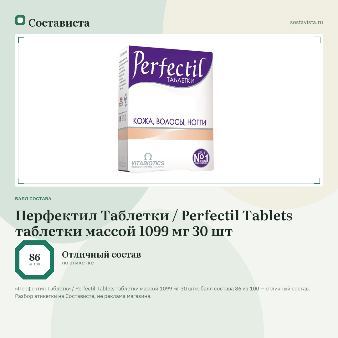 Перфектил Таблетки / Perfectil Tablets таблетки массой 1099 мг 30 шт: балл состава 86 из 100 — Состависта