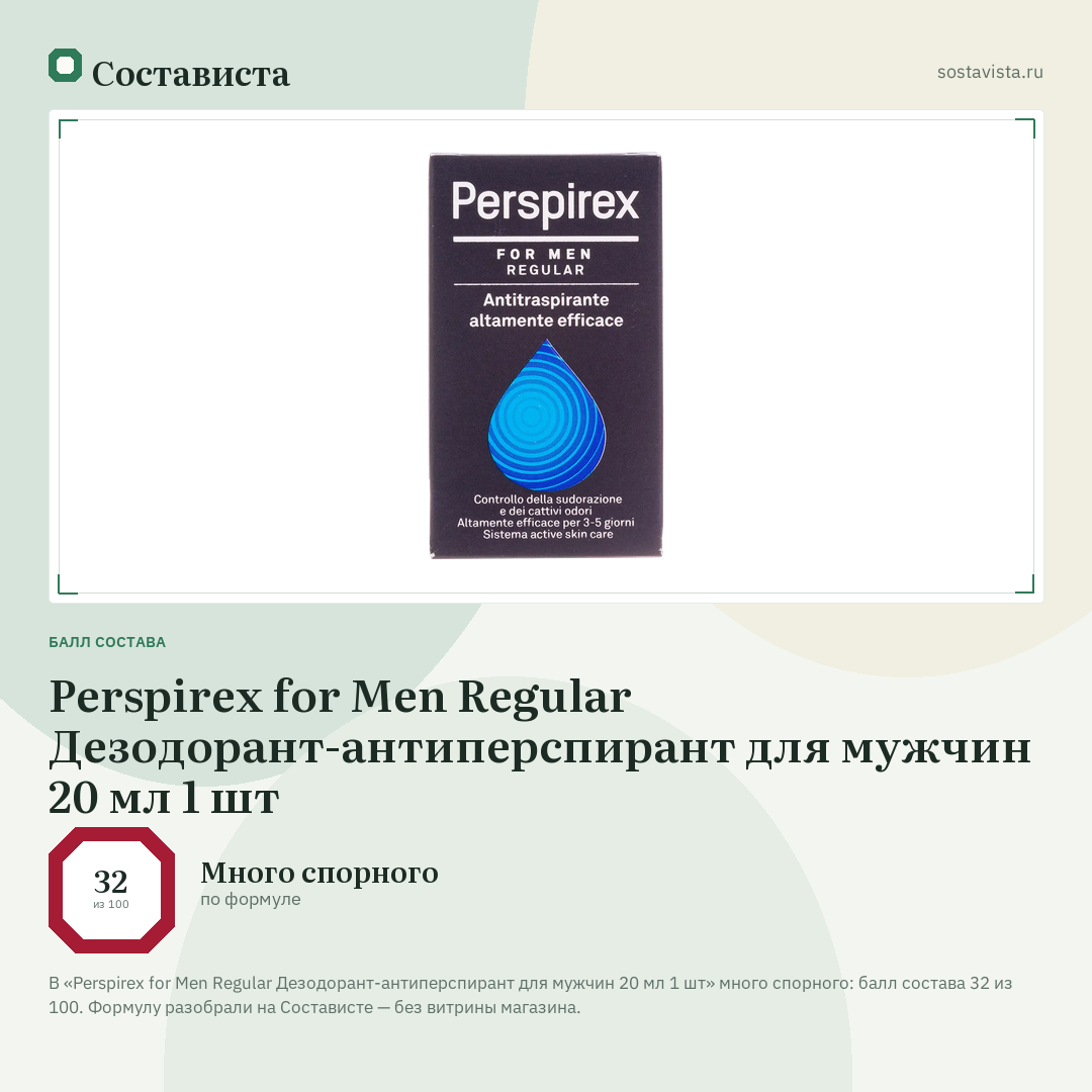 Perspirex for Men Regular Дезодорант-антиперспирант для мужчин 20 мл 1 шт: балл состава 32 из 100 — Состависта
