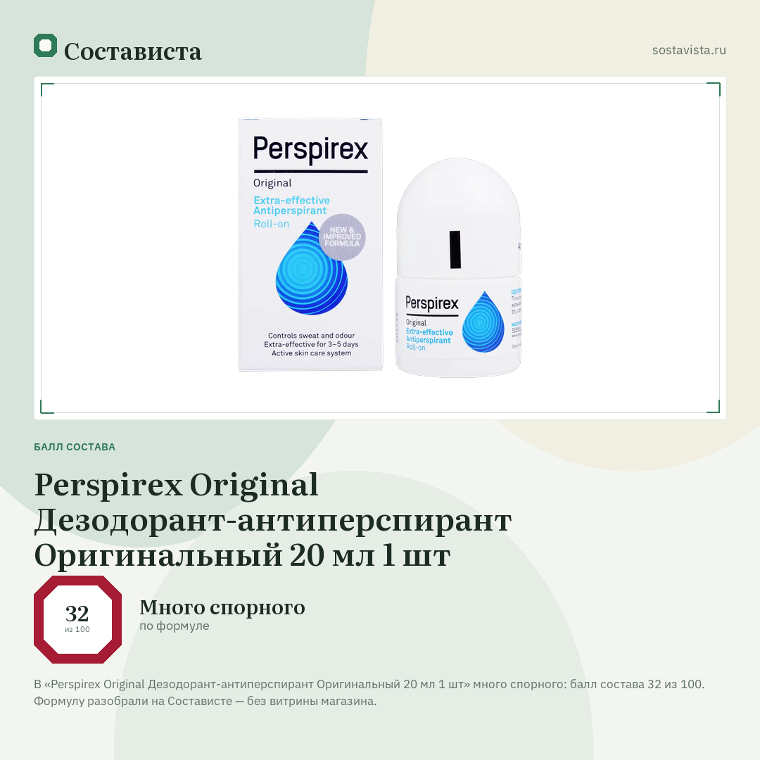 Perspirex Original Дезодорант-антиперспирант Оригинальный 20 мл 1 шт: балл состава 32 из 100 — Состависта