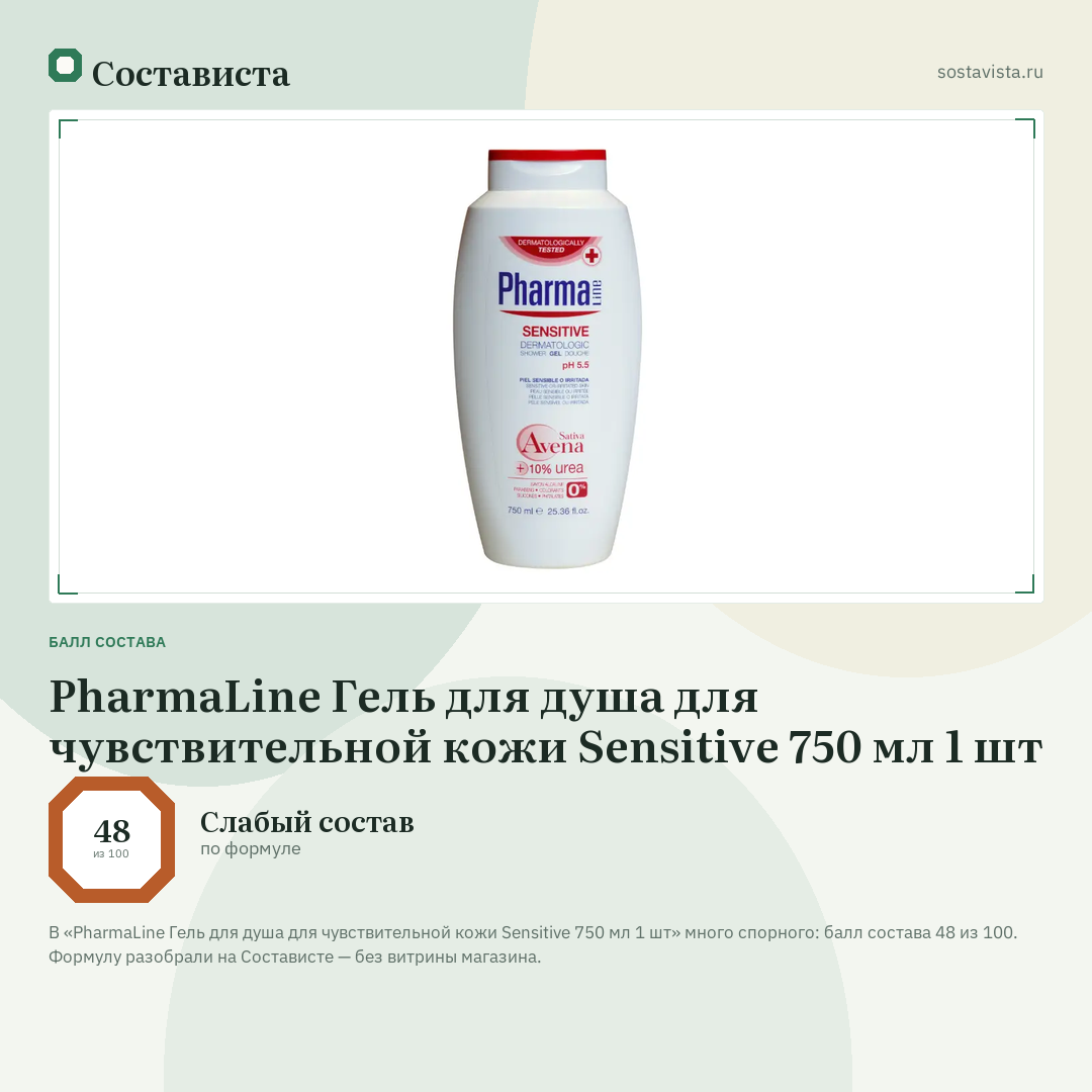 PharmaLine Гель для душа для чувствительной кожи Sensitive 750 мл 1 шт: балл состава 48 из 100 — Состависта