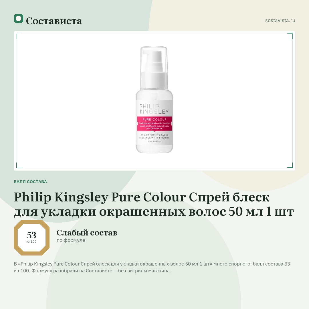 Philip Kingsley Pure Colour Спрей блеск для укладки окрашенных волос 50 мл 1 шт: балл состава 53 из 100 — Состависта