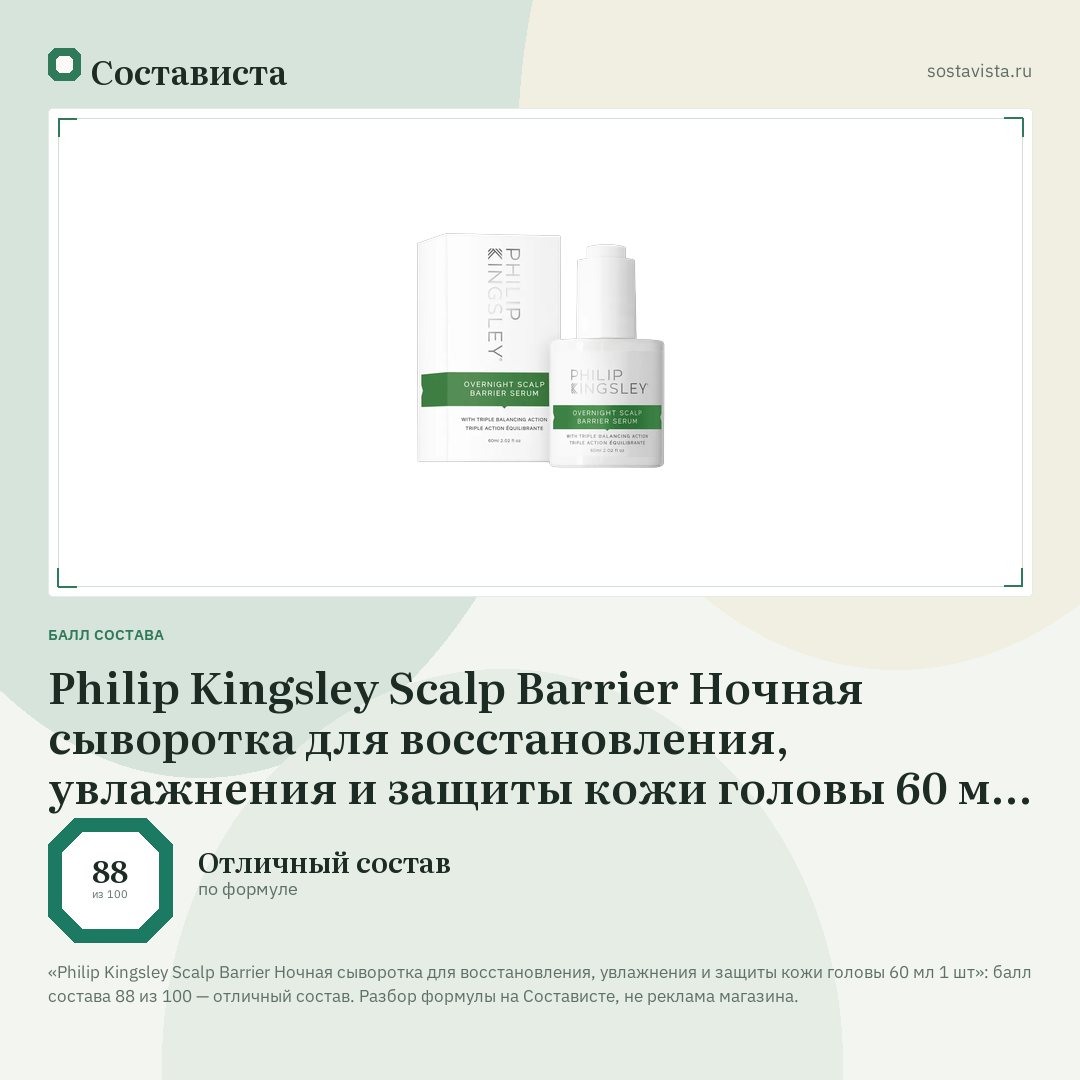 Philip Kingsley Scalp Barrier Ночная сыворотка для восстановления, увлажнения и защиты кожи головы 60 мл 1 шт: балл состава 88 из 100 — Состависта